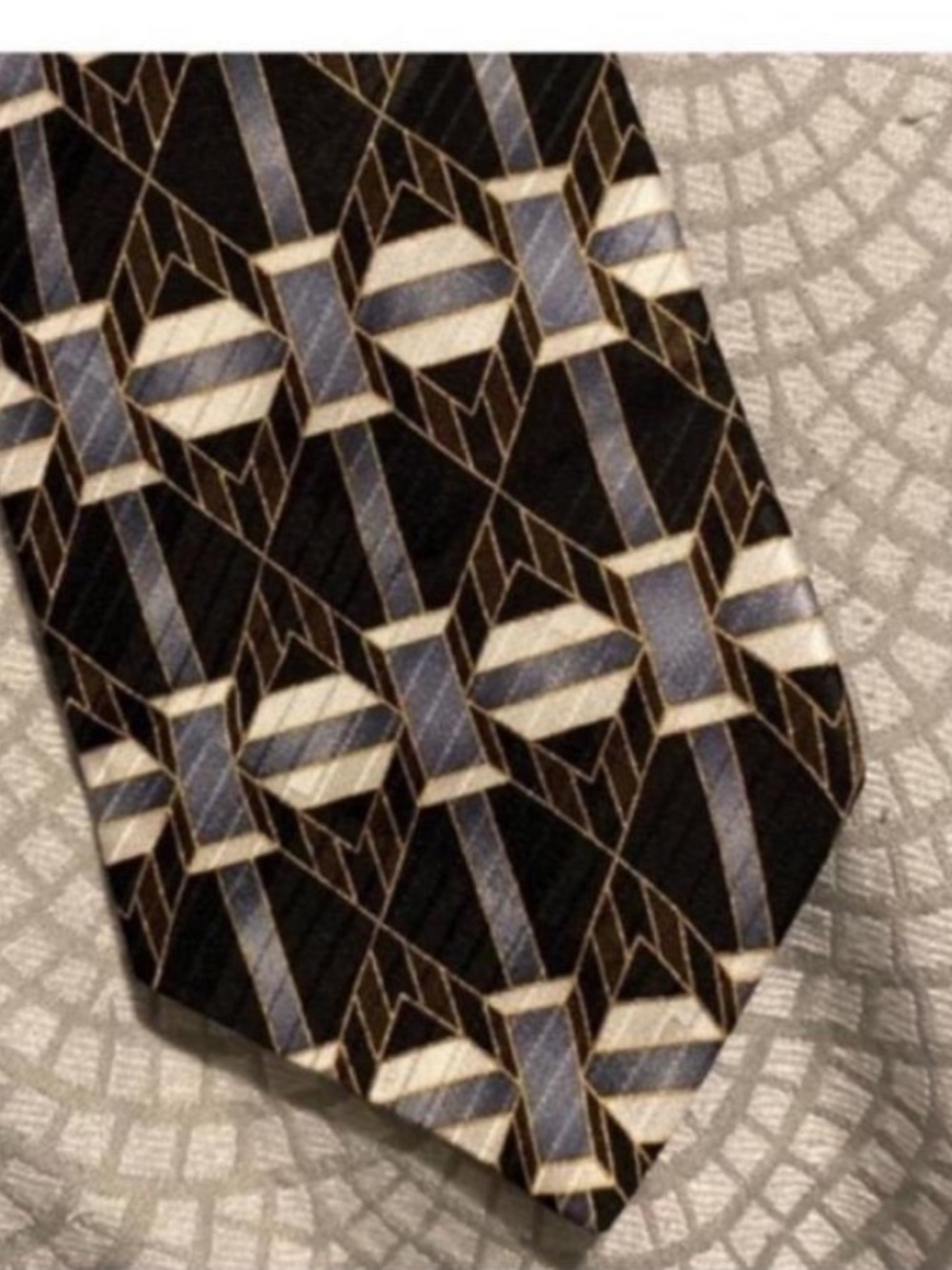 Men's Geometric Pattern Tie in Black, Blue, and Cream